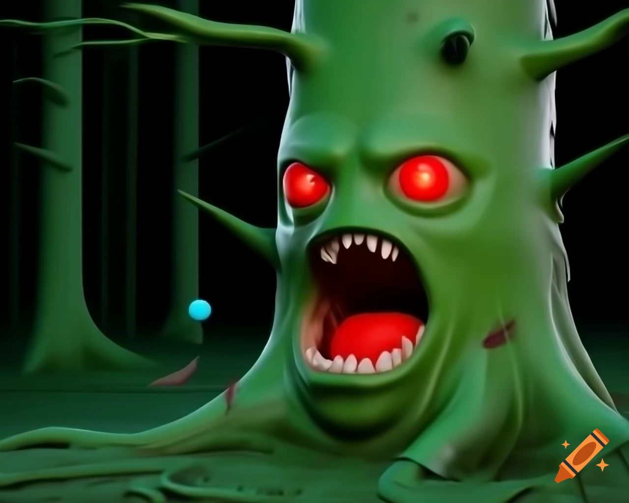 Creepy 3D CGI anime face made of bark on tree in woods, with trees growing on its body