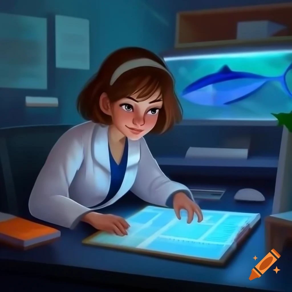 Young scientist studying bioluminescence in office with charts and post