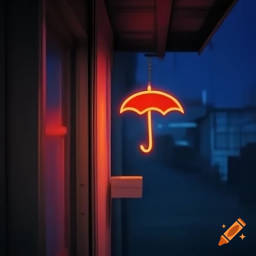 Neon sign of a red umbrella illuminated in a downtown window at night