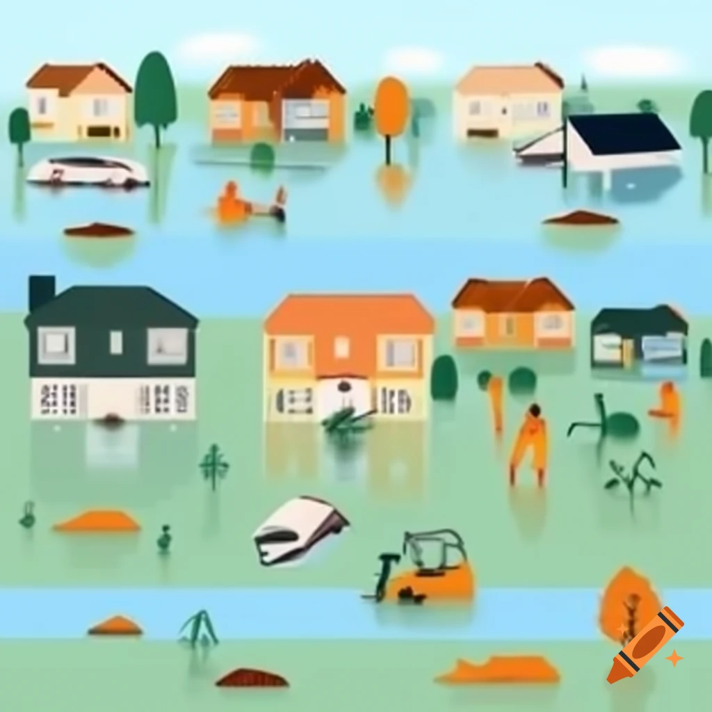 Neighborhood flood scene with houses and stranded vehicles in deep water