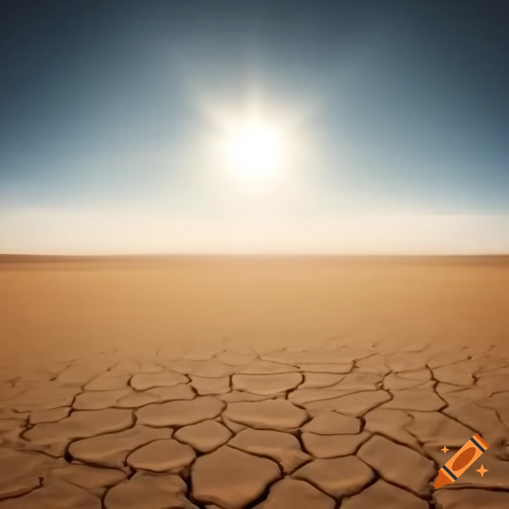 Vast cracked desert with sun rising over the horizon