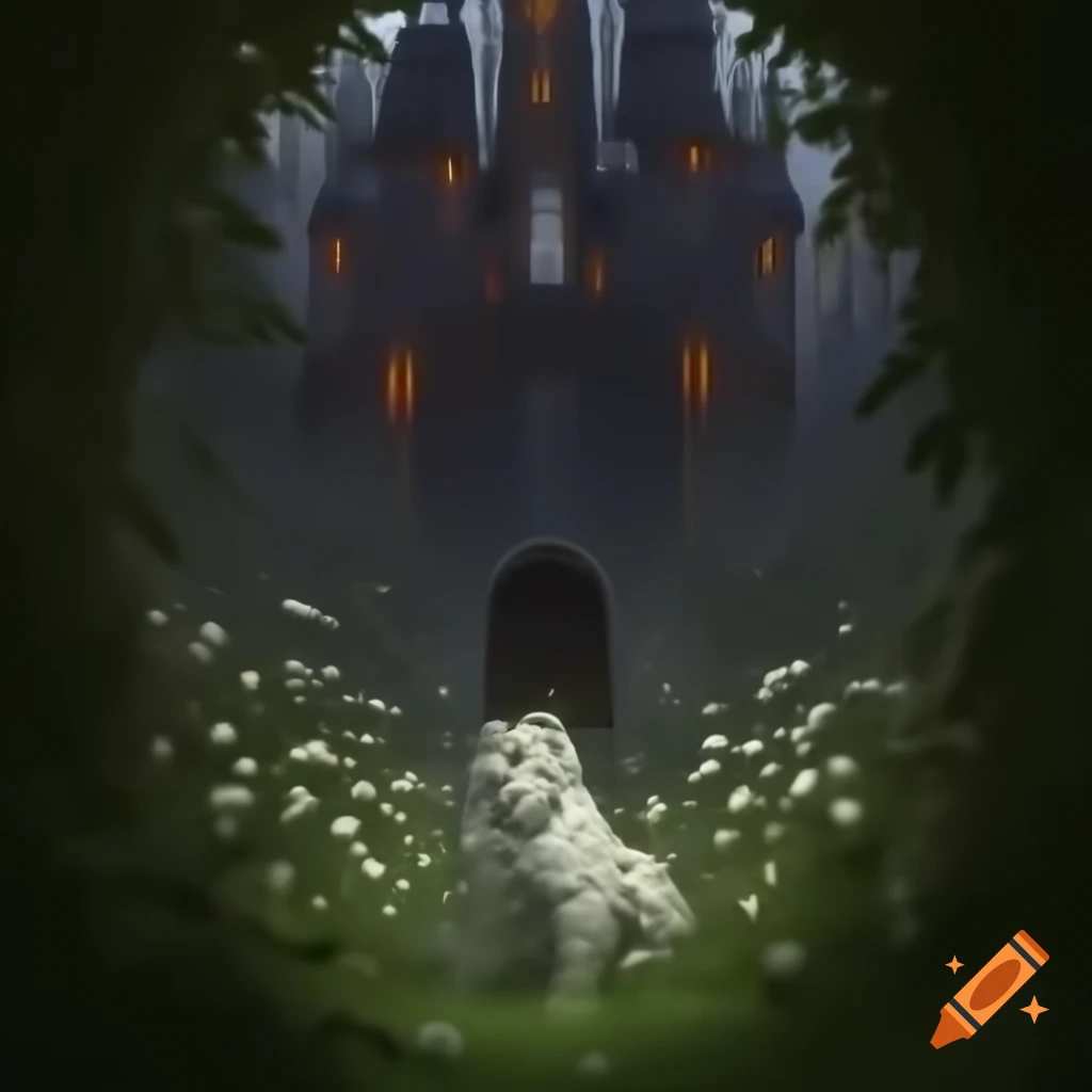 Castle in dark forest guarded by white tiger