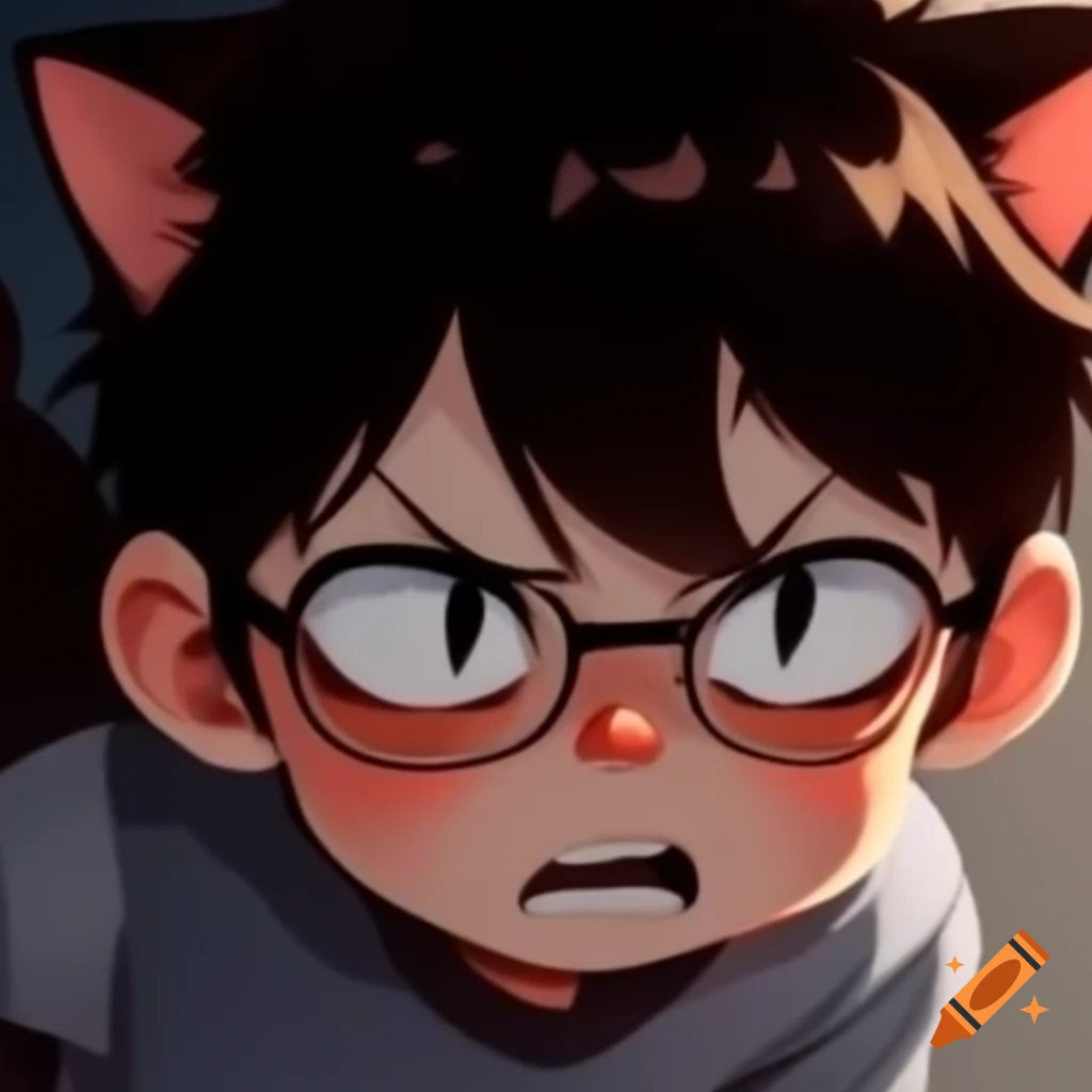 Angry neko kemonomimi boy with brown hair and hissing expression
