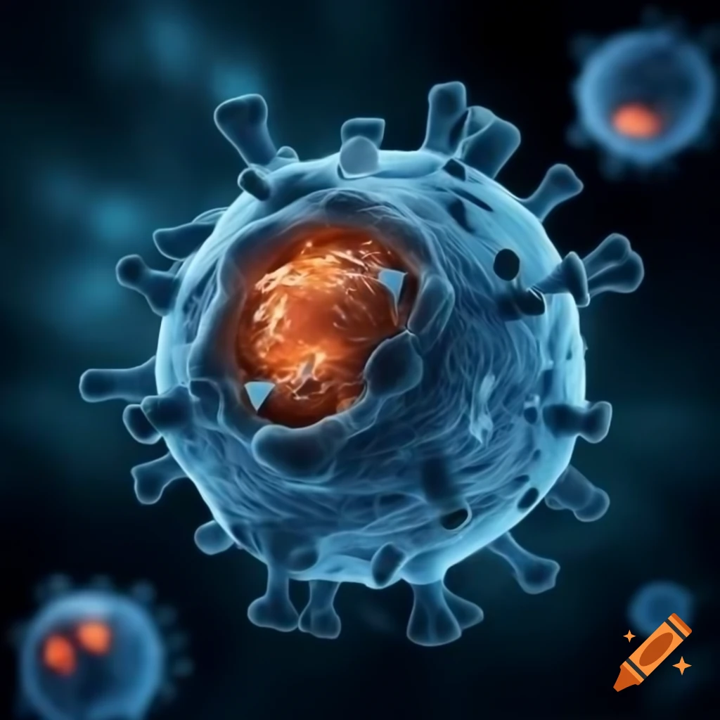 Microscopic view of glowing blue cell with orange structures in digital environment