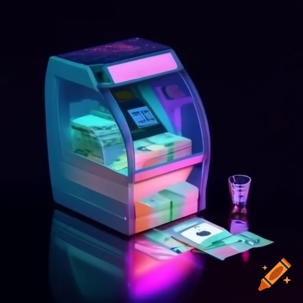 Transparent glass counting dollar bills with diamond image on mirrored table with pink neon illumination