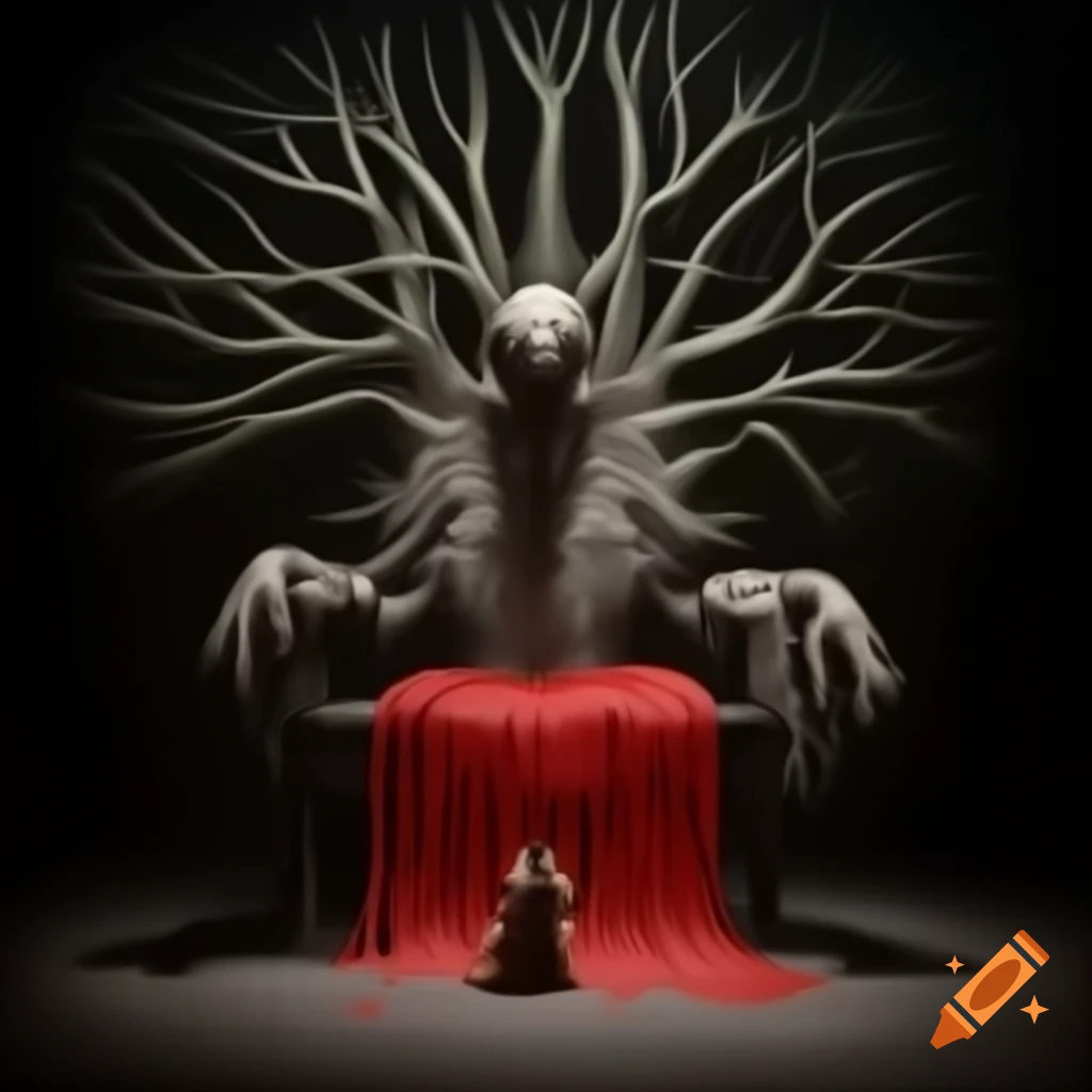 Undead creature on throne with tree-like appearance in aerograph style