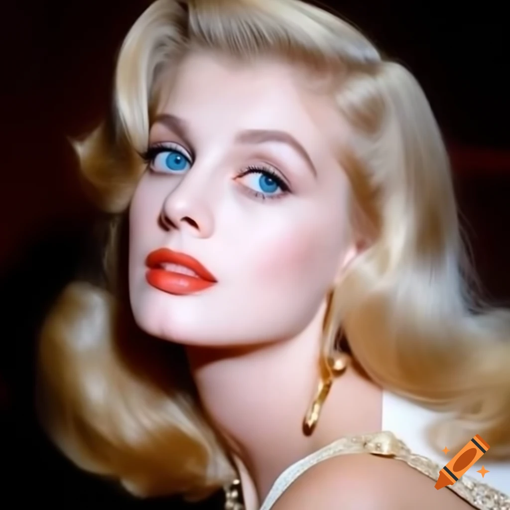 Hyper-realistic photograph of a beautiful European actress from 1963 with porcelain skin and blue eyes