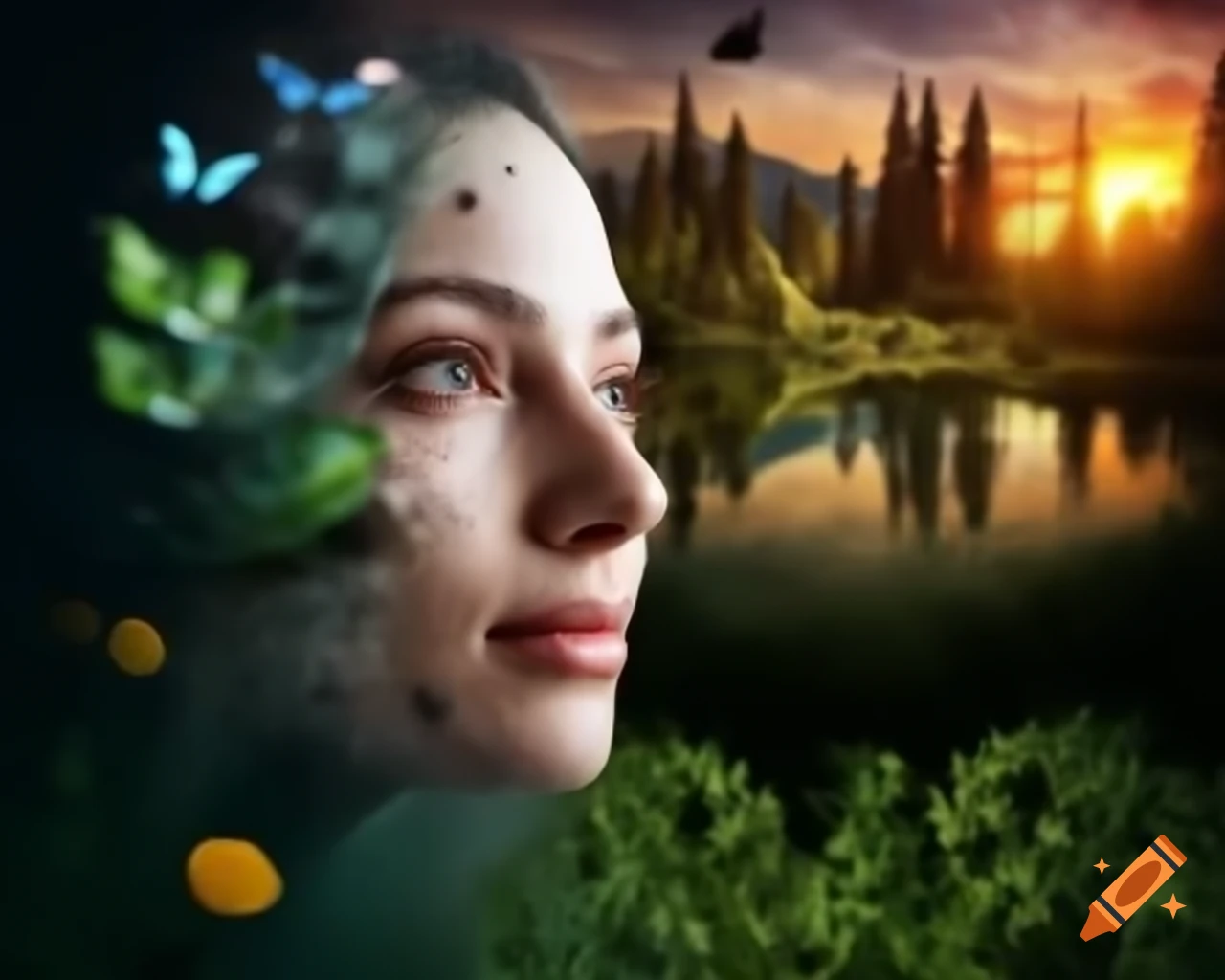 Surreal 3D render of woman's face in forest with wildflowers and butterflies