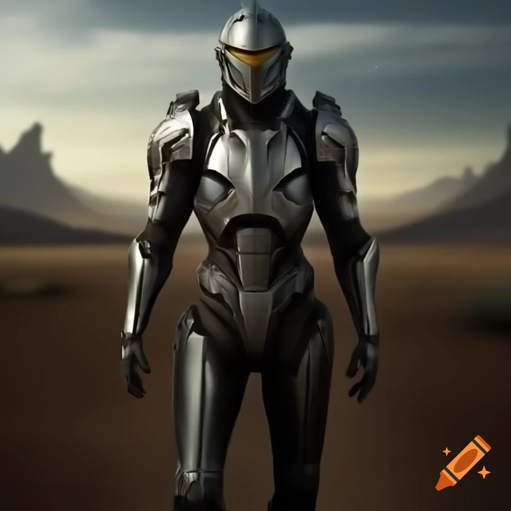 Futuristic knight standing in a wasteland setting