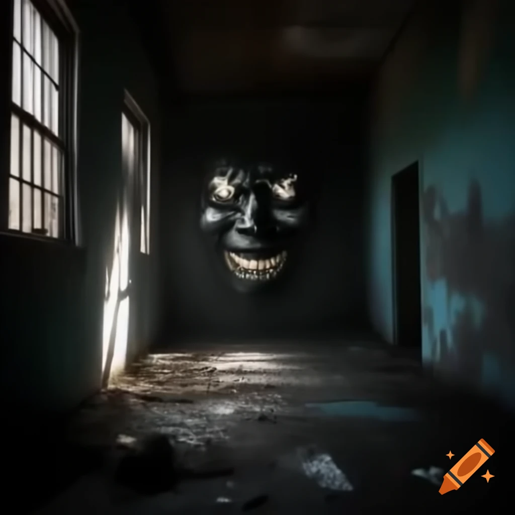 Shadowed face with terrifying grin emerging from peeling paint in abandoned room
