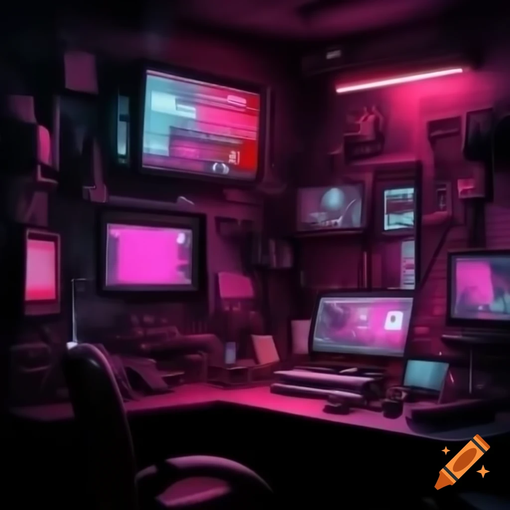Cyberpunk dystopian scene with technology, screens, and red hues