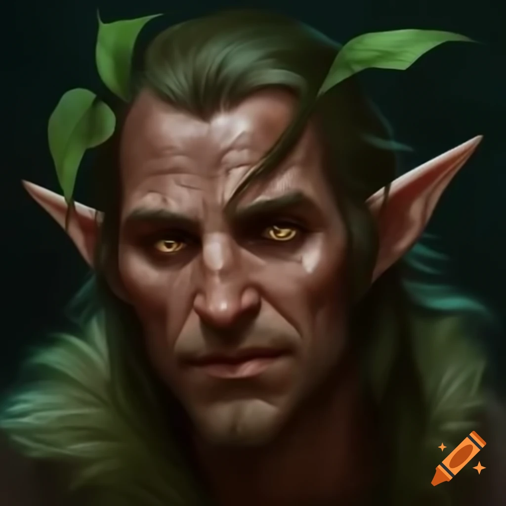 Wood-skinned man with elf ears and leaf hair