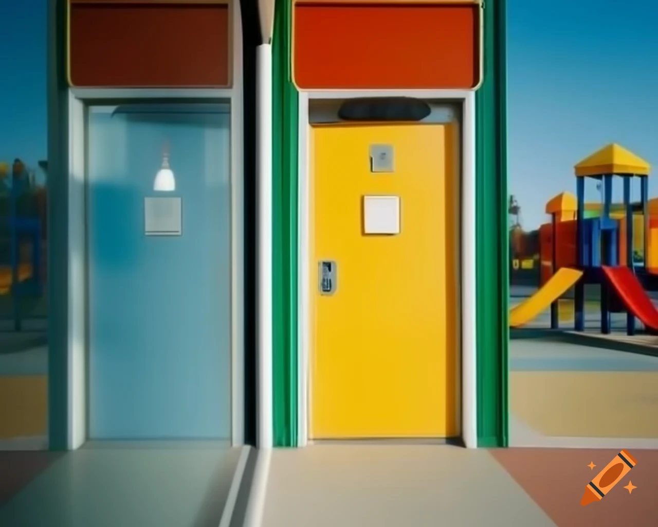 Bright public restroom door near colorful playground