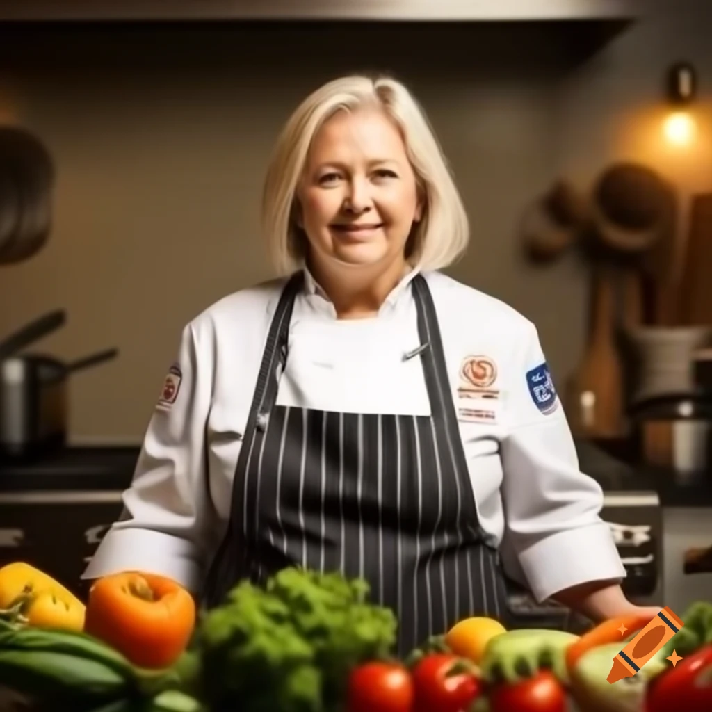 Portrait of a 40-year-old American blonde woman in professional chef's attire in a warm kitchen
