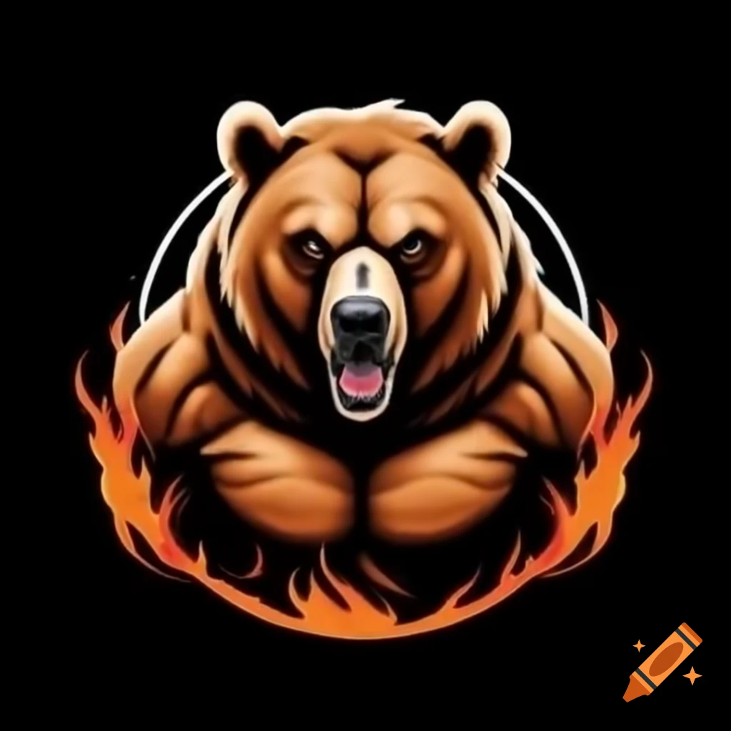 Grizzly bear symbolizing strength with sharp claws and fierce expression in fiery logo design
