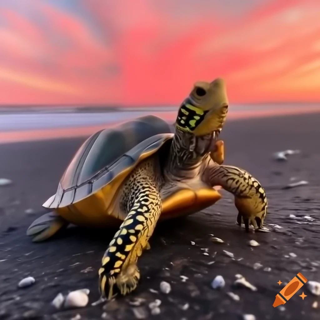 Beach with turtles and a vibrant pink and orange sunset