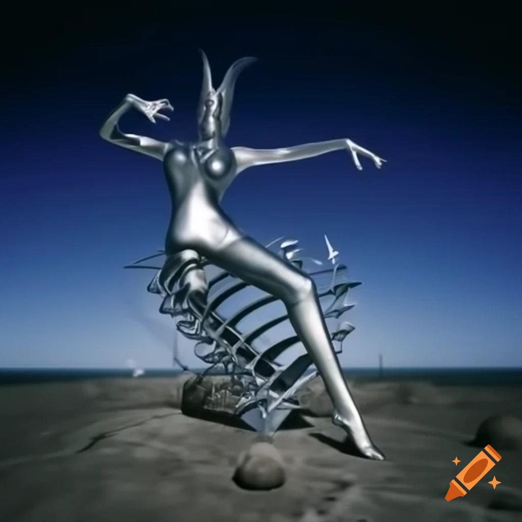 Pop surrealism photography featuring anime-inspired silver statue