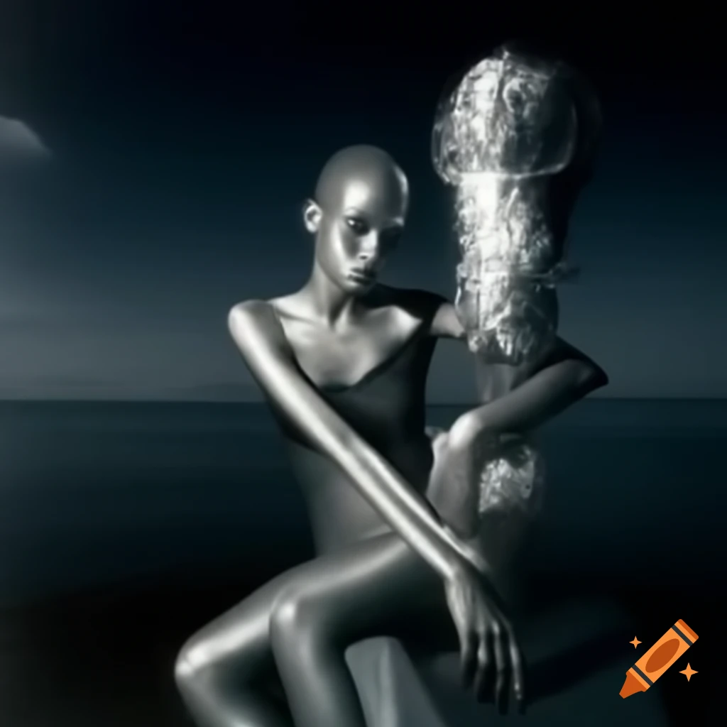 Pop surreal 2000's photography featuring anime-inspired silver statue