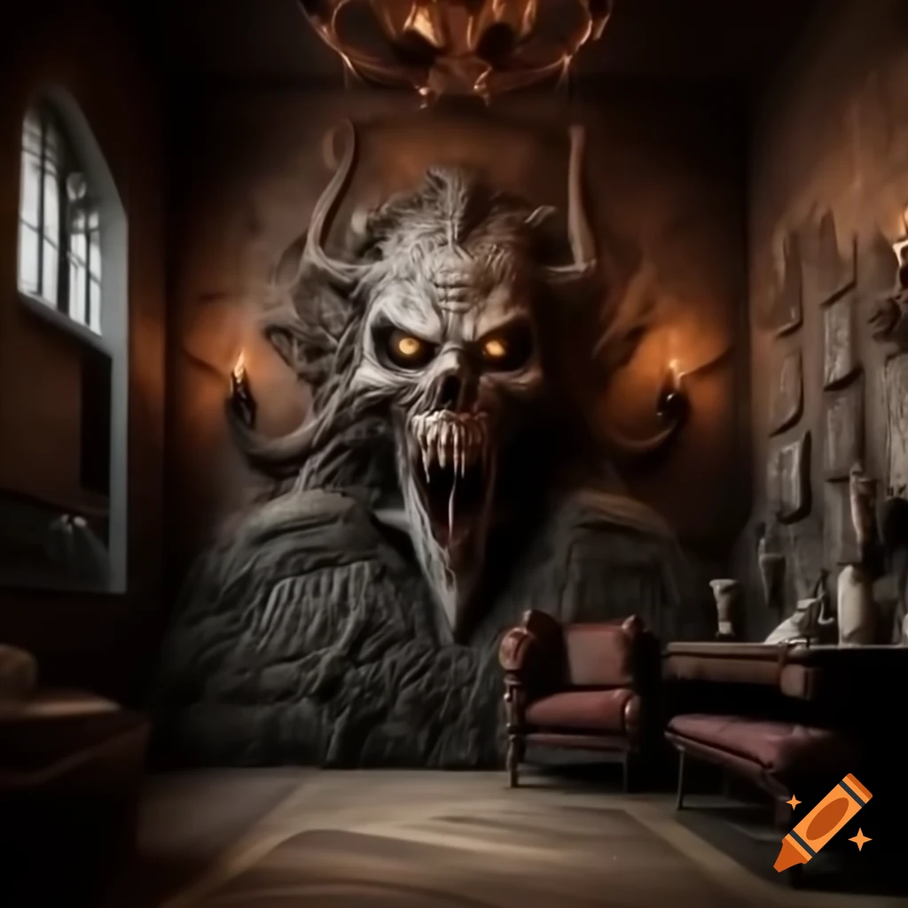 Realistic scary house interior with large room featuring demonic drawings on walls