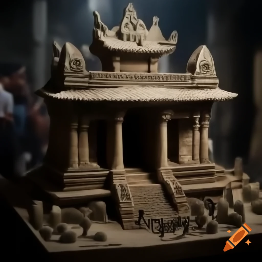 Diorama of old temple with detailed carvings and crowd gathered