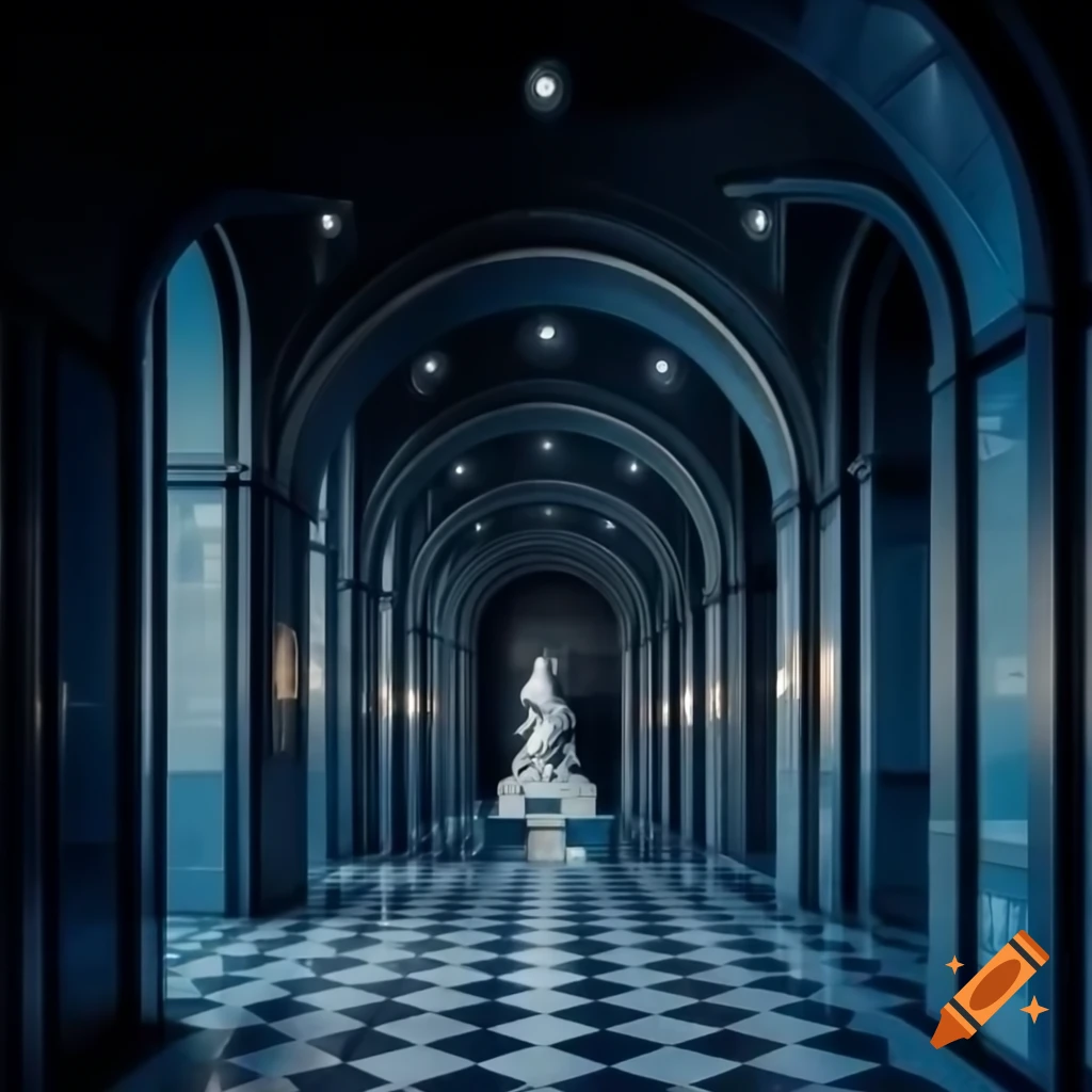 Dark blue marble hall with sloped ceilings and silver statue on podium