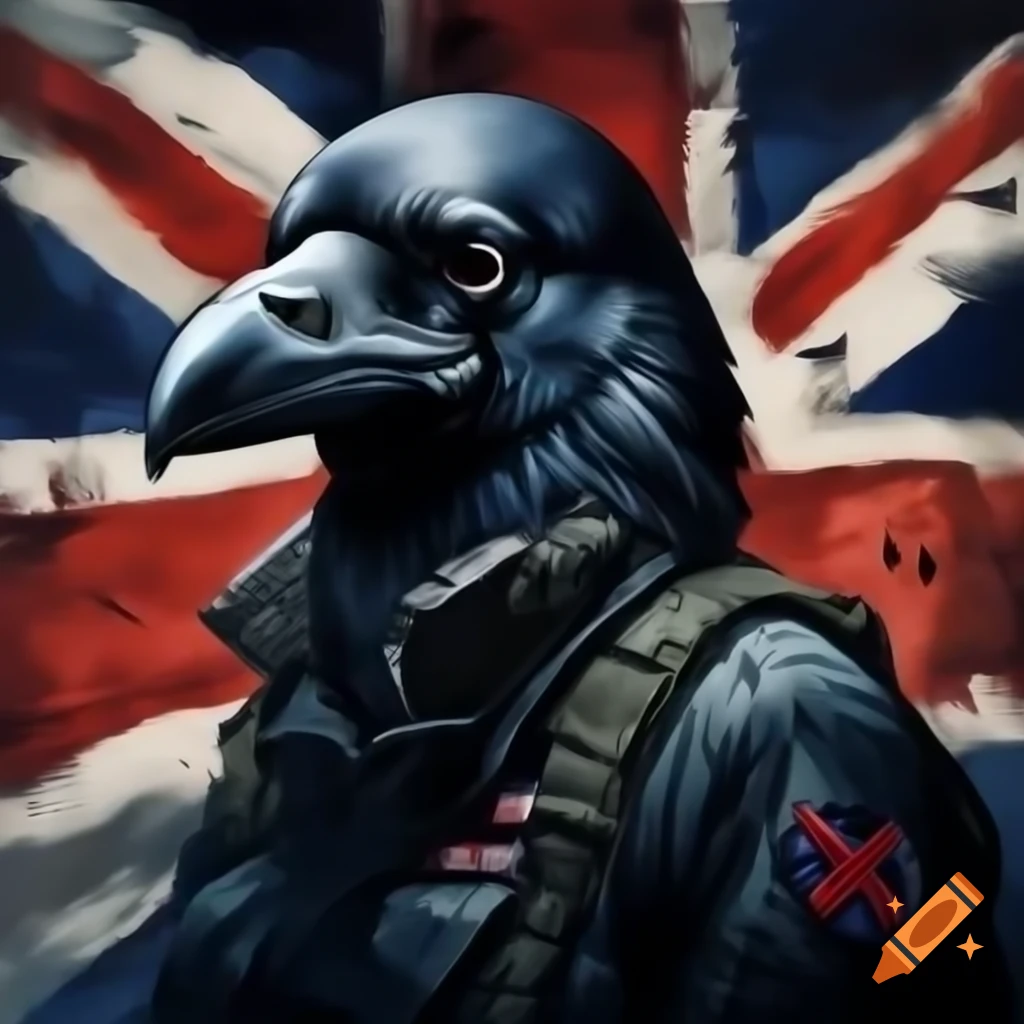Raven as British WWII fighter pilot with Union Jack backdrop in Banksy style
