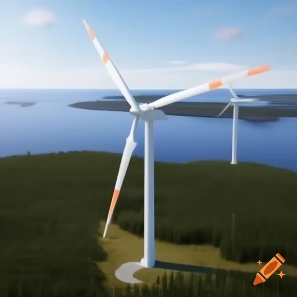 Wind turbine with three blades in forest landscape resembling Nova Scotia with coastline