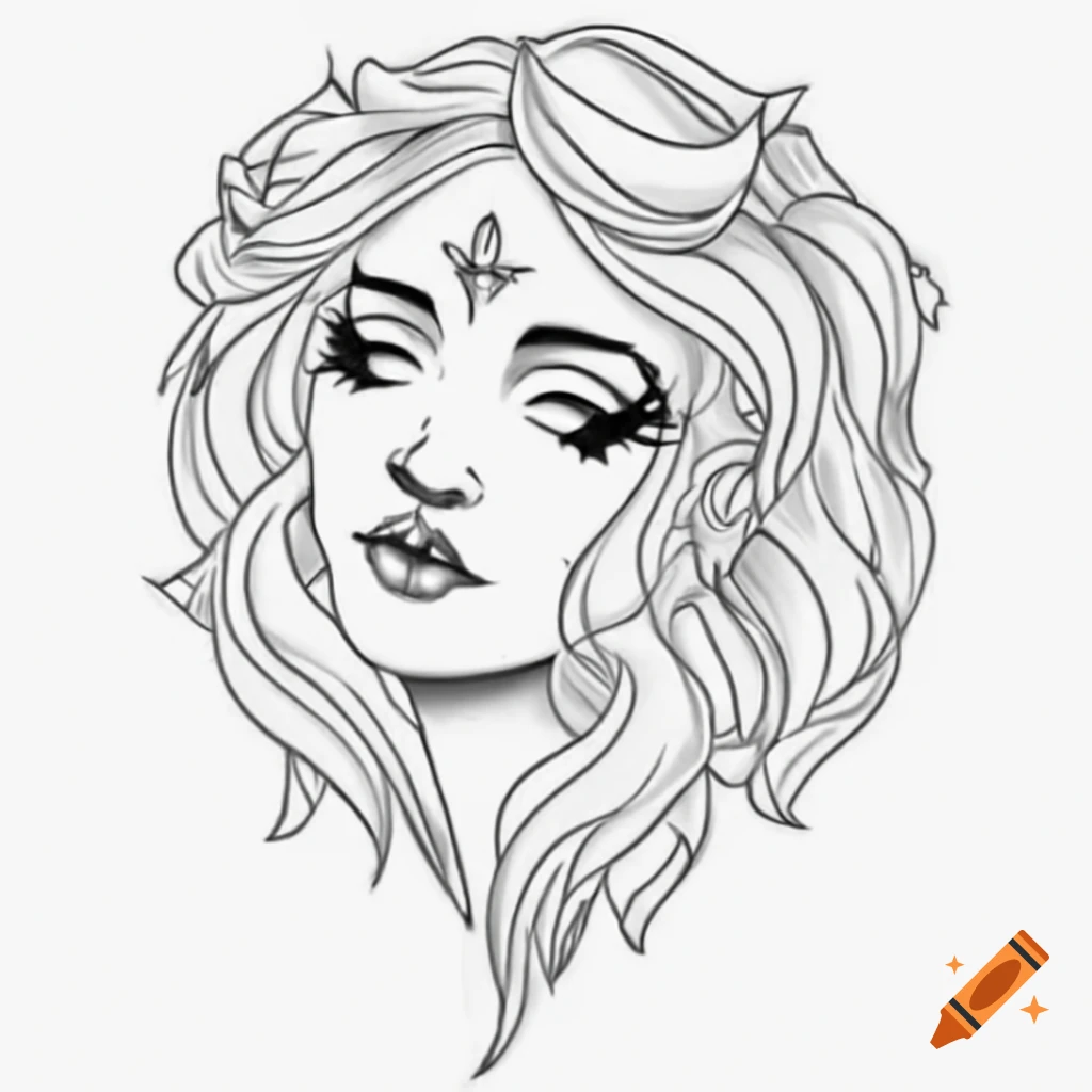 Gothic female tattoo line drawing with black and red details