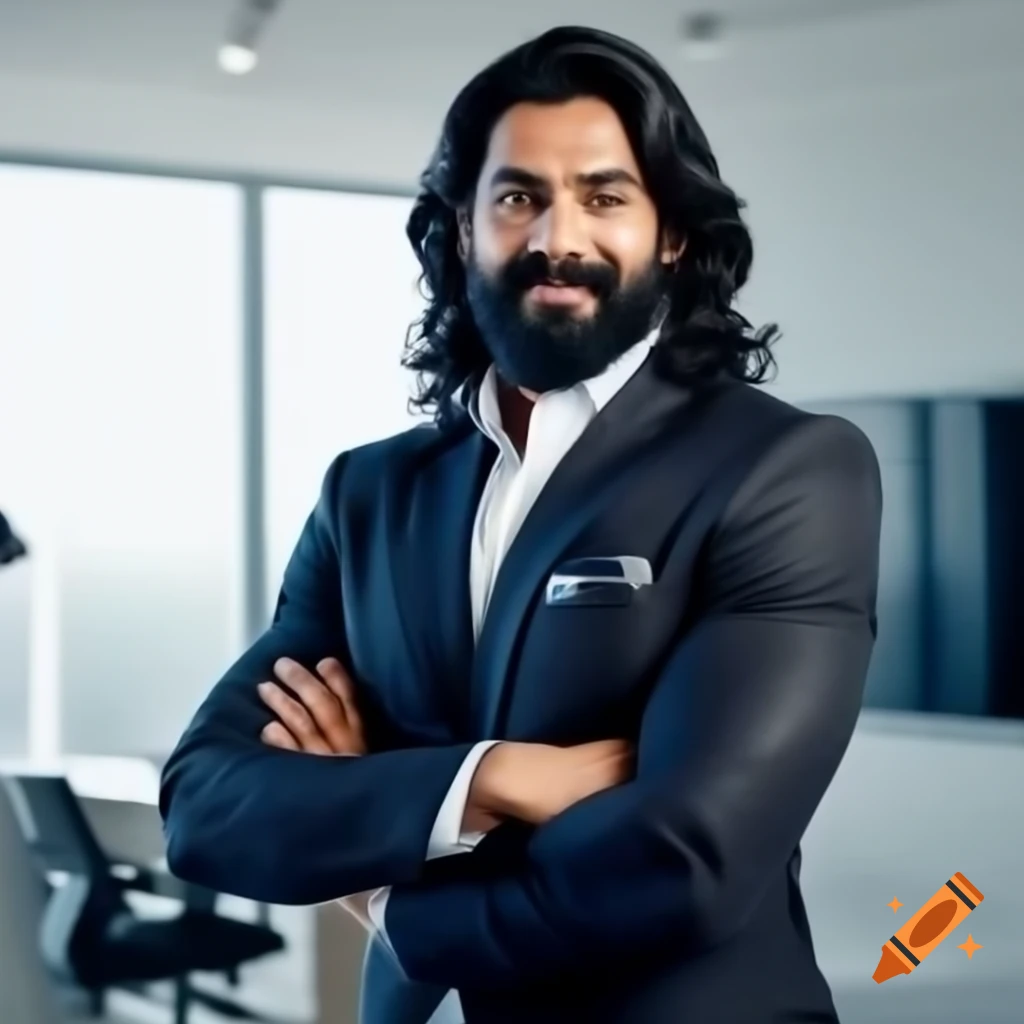 Confident Indian businessman in minimalistic office with crossed arms