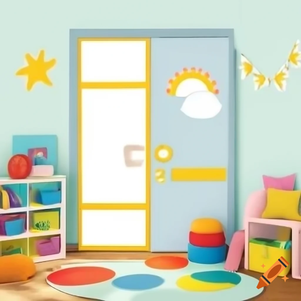 Brightly colored locked door of a daycare kindergarten nursery room