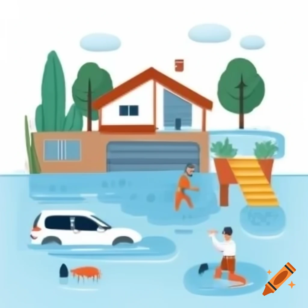 Clipart illustration of house flooding with car partially submerged and person in shallow water