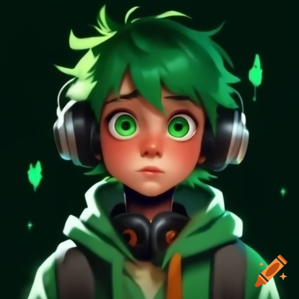 Anime boy with bright green hair and headphones against dark green background