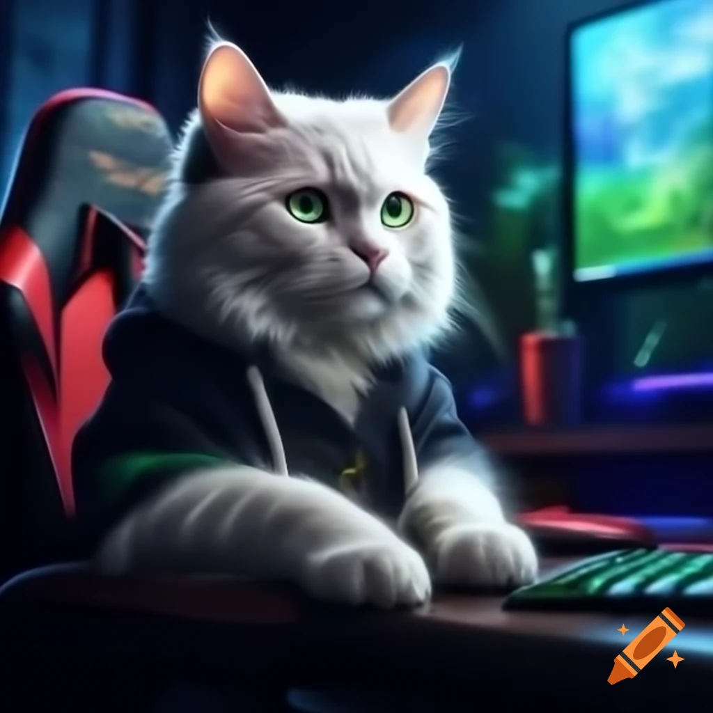 Regal frosty white cat with green eyes in black hoodie sitting in gaming chair