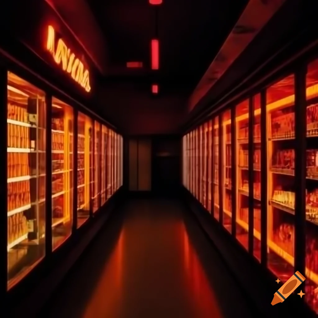Grocery store after closing with eerie orange glow from freezers