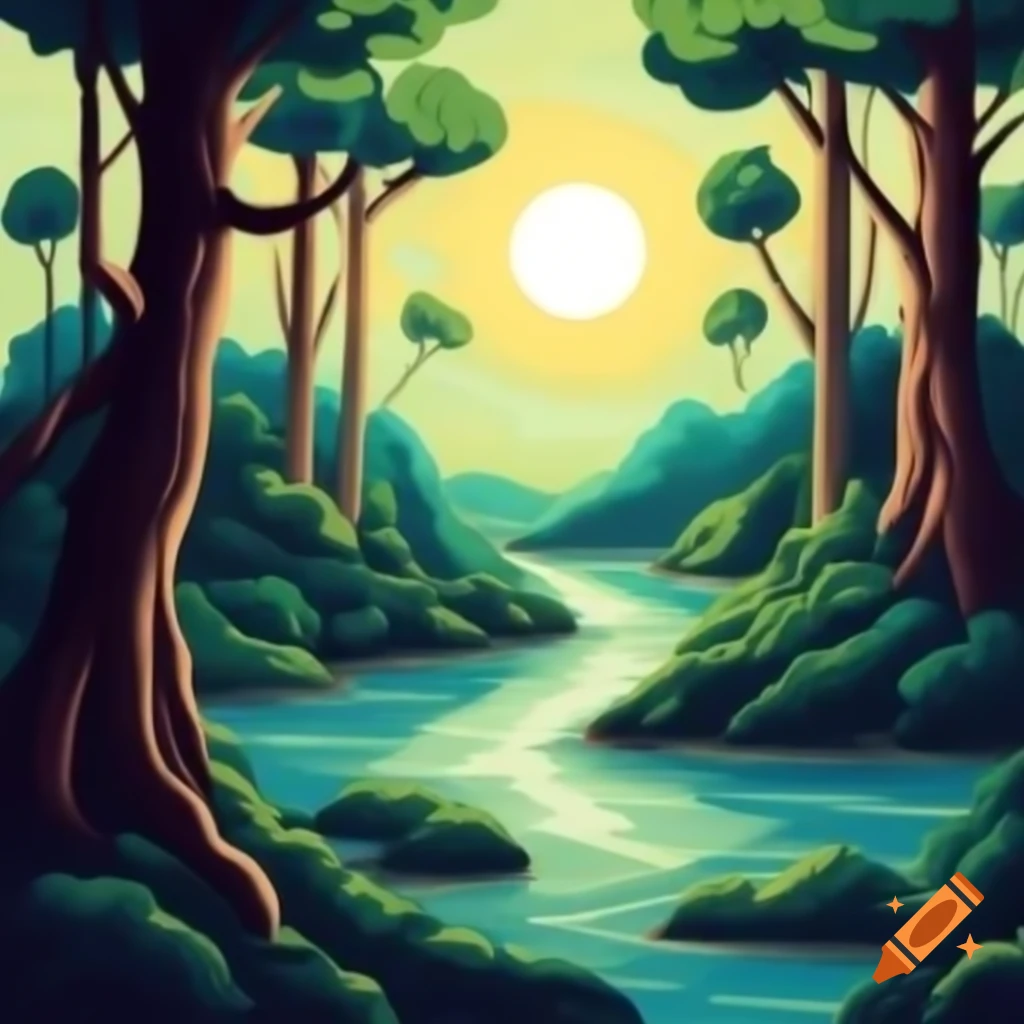 Serene forest with tall trees and winding river under sunlight