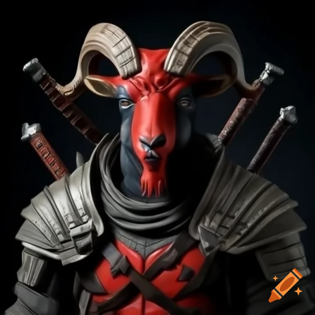 Ultra realistic anthropomorphic goat in armor with Deadpool colors in Dark Souls setting