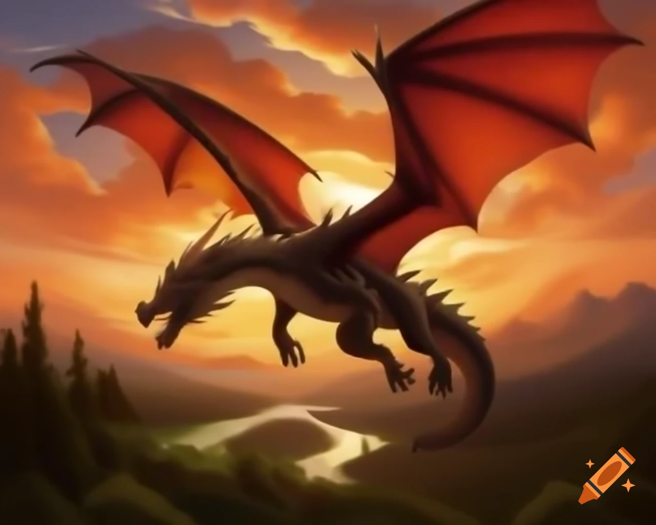 Dragon flying over landscape at sunset
