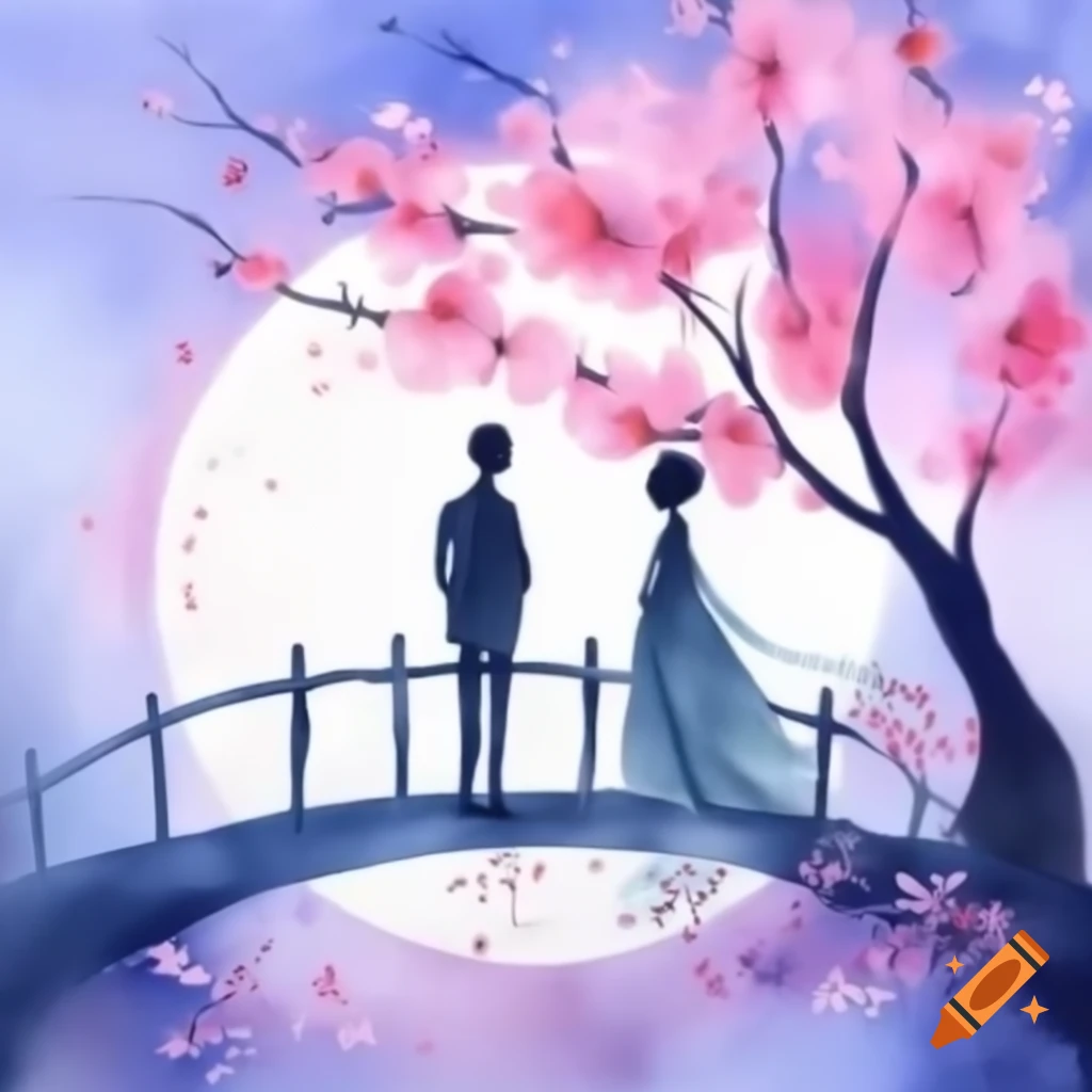 Watercolor painting of couple on bridge under cherry blossom tree with huge moon