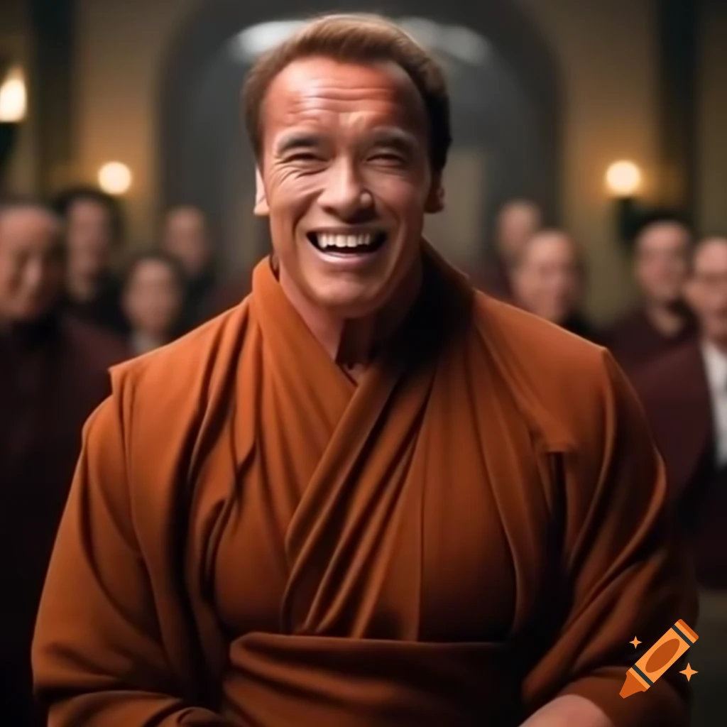 Arnold Schwarzenegger dressed as a monk laughing
