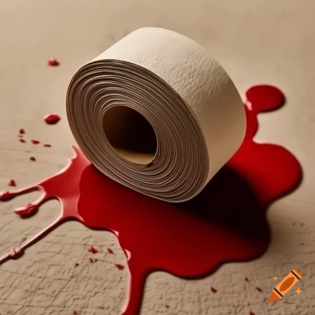 Toilet paper with dark red splashes and coarse texture