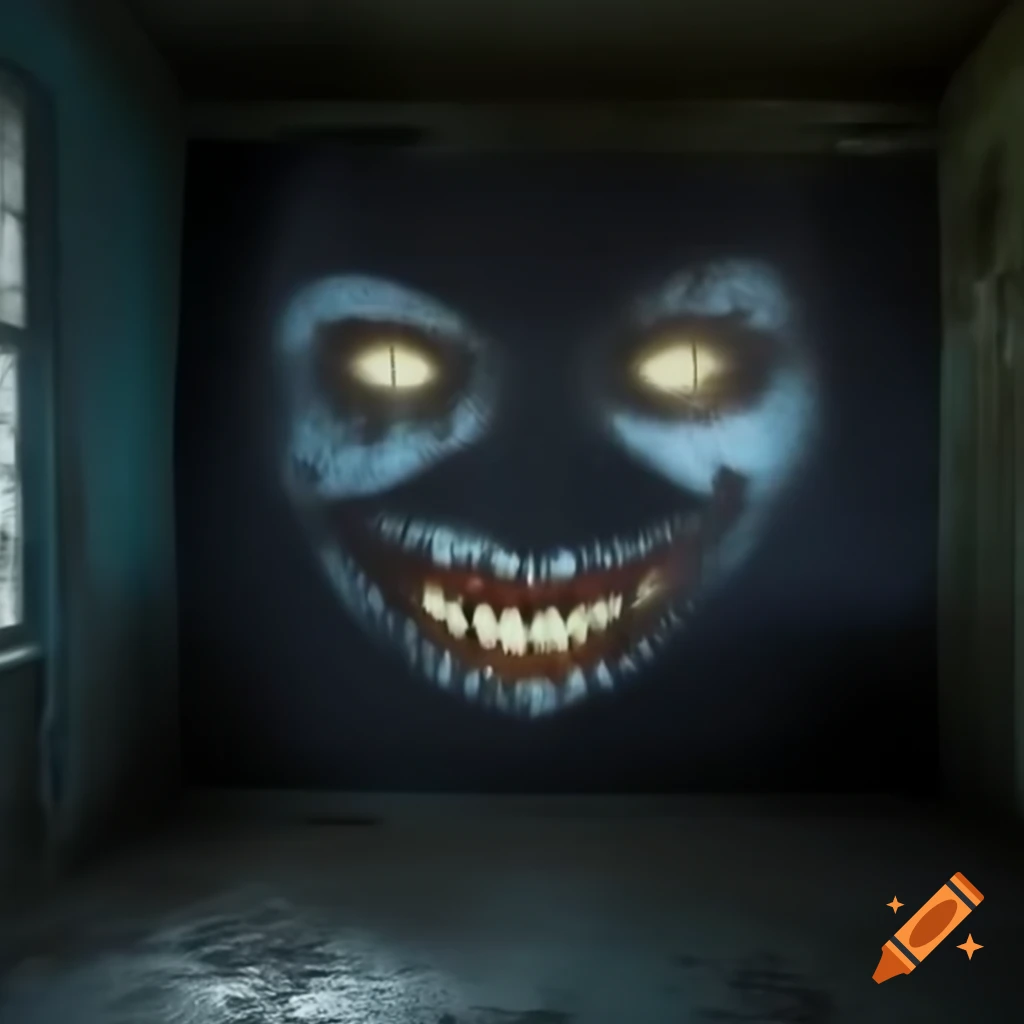 Shadowed face with terrifying grin emerging from peeling paint in abandoned room