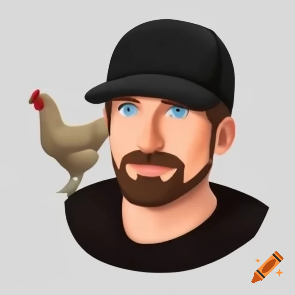Man with dark brown hair and blue eyes wearing cap with chicken design and 'pookie' text