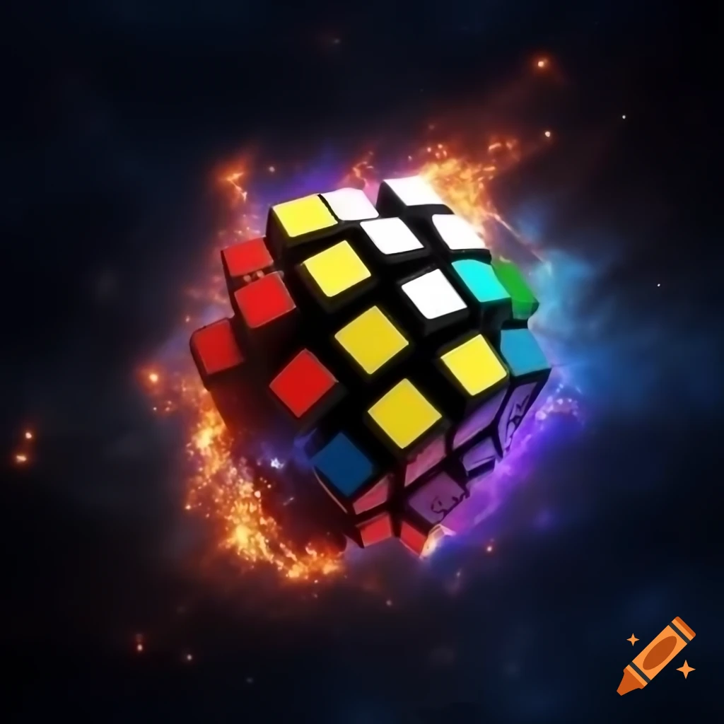 Vibrant black and white Rubik's Cube emerging from galaxy, glowing squares resemble constellations