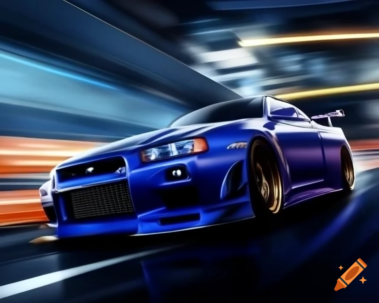 Cartoon world with a nissan skyline r34 on top of the world on Craiyon