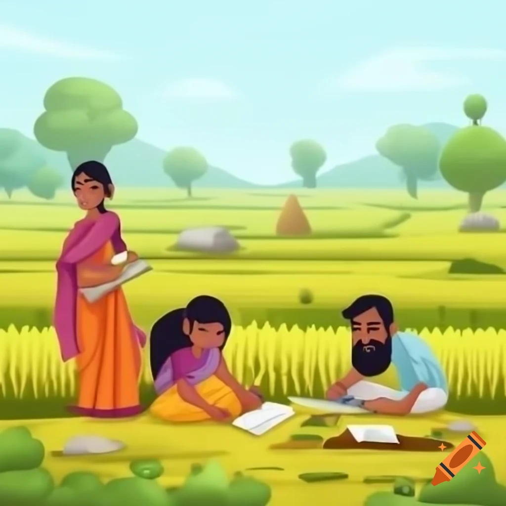 Cartoon depiction of Indian village couple working in field