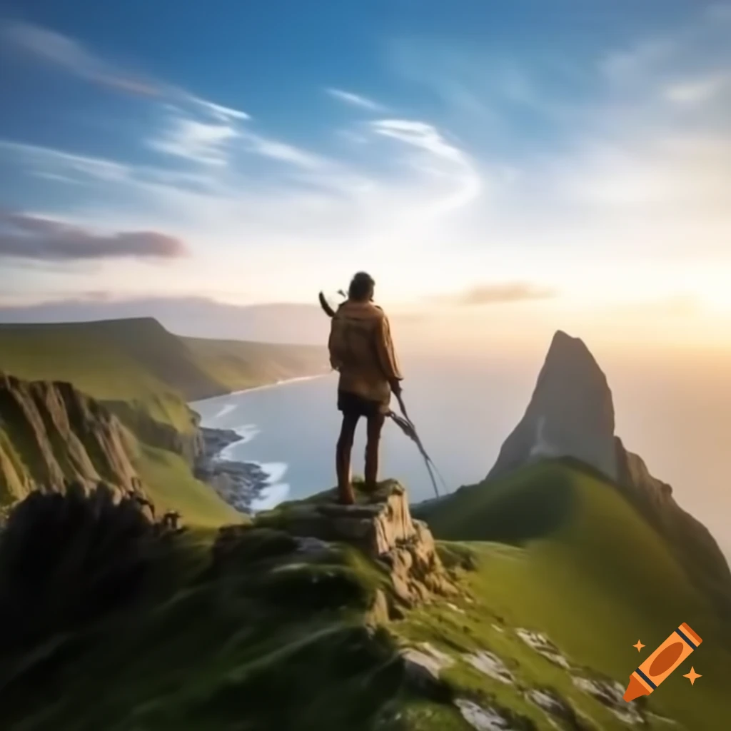 Warlock on mountain cliff overlooking ocean at sunrise with stone circle