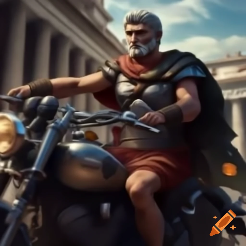 Julius Caesar on motorcycle in ancient Rome setting