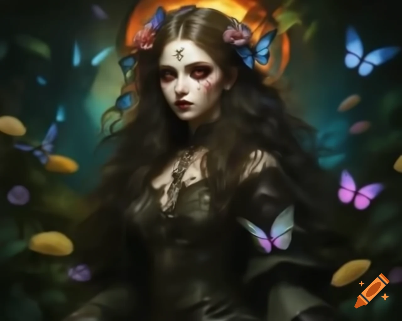 Hyperrealistic Gothic woman with flowers and butterflies in her hair, detailed facial features