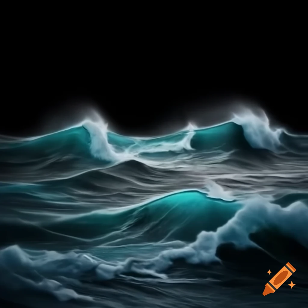 Realistic depiction of stormy sea with black background