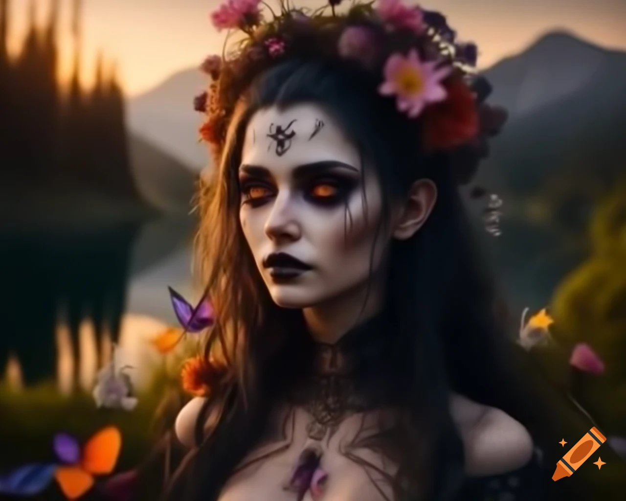 Hyperrealistic Gothic woman with flowers and butterflies in her hair, detailed facial features